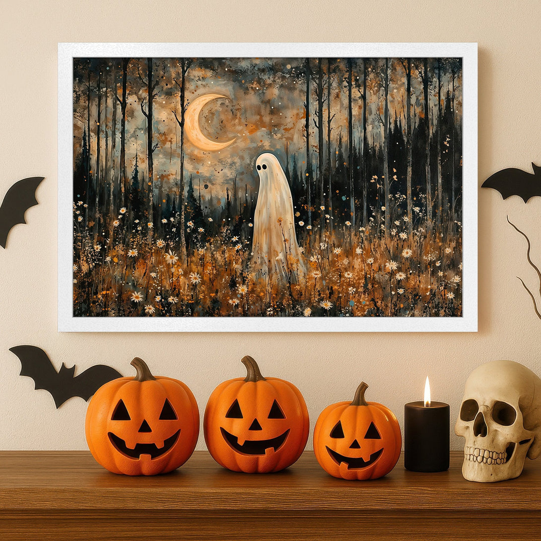 Framed Poster featuring a spooky ghost in a forest, with a warm, autumnal color palette. Perfect Halloween decor!