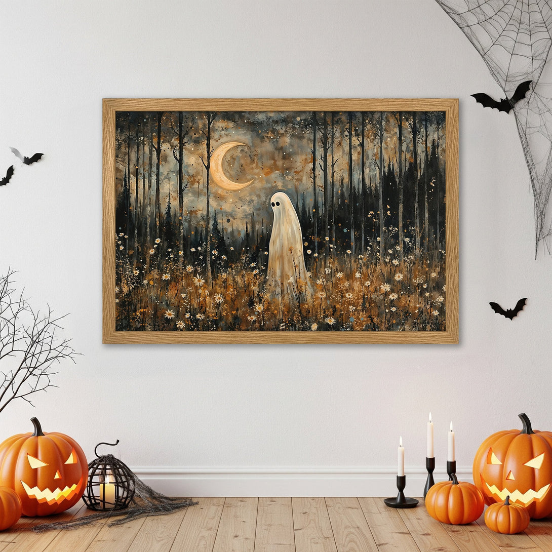 Framed Poster featuring a whimsical ghost in a forest scene. Halloween art with a muted color palette, perfect for spooky decor.