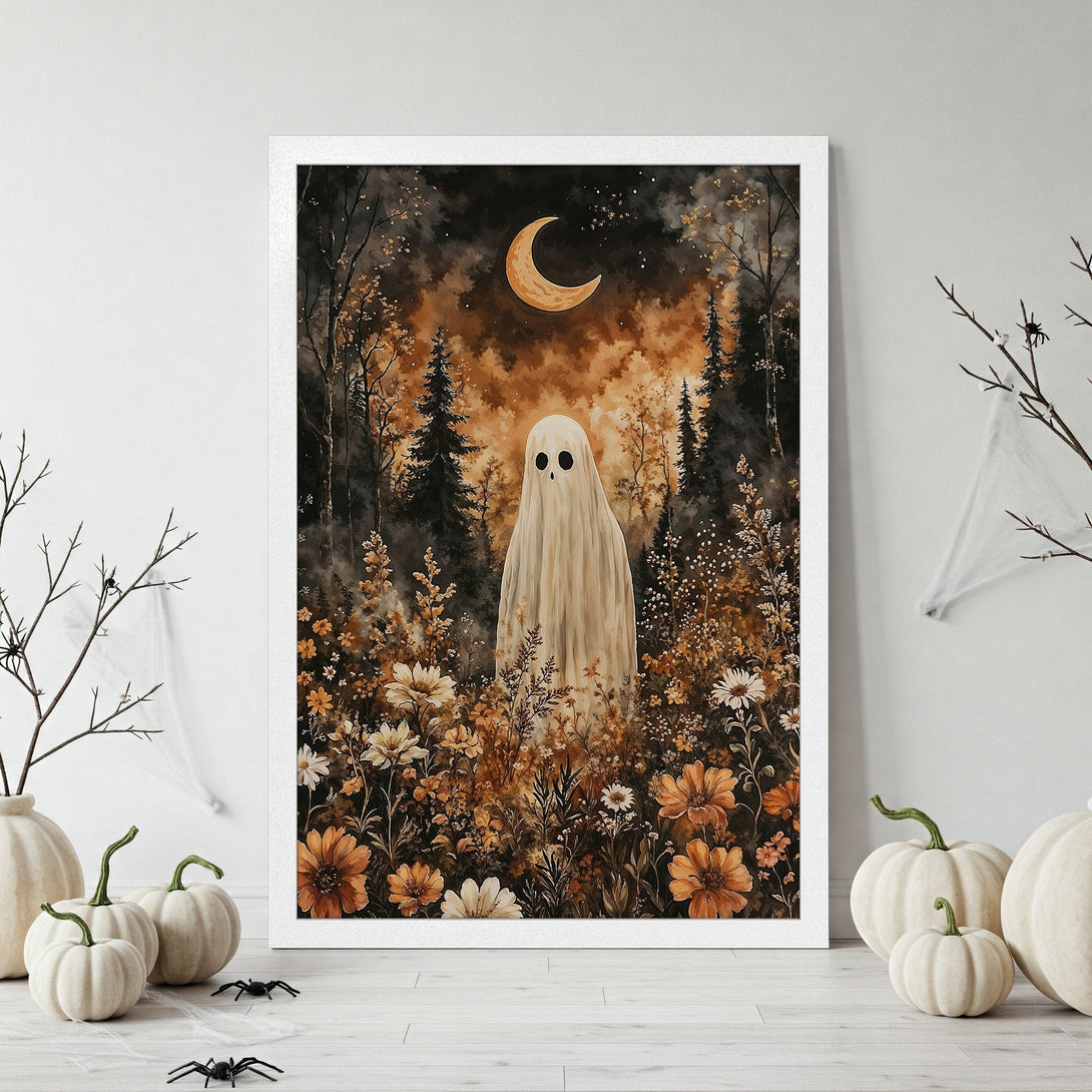 Framed Poster featuring a spooky ghost in a floral landscape, watercolor style, warm brown & orange tones. Perfect Halloween decor!