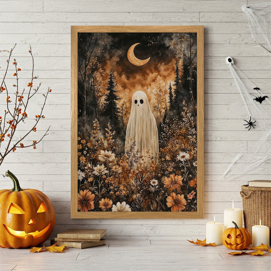 Framed Poster: Spooky ghost art in autumnal colors. Perfect Halloween decor. Add a touch of eerie charm with this unique poster.