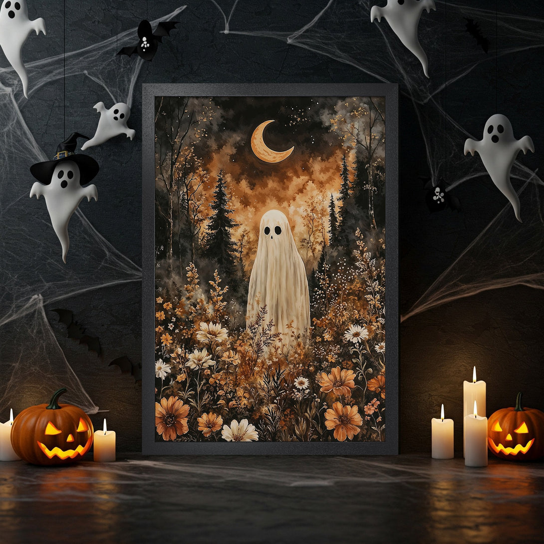 Framed Poster featuring a ghost in a floral landscape, warm autumn color palette, perfect for Halloween decor.