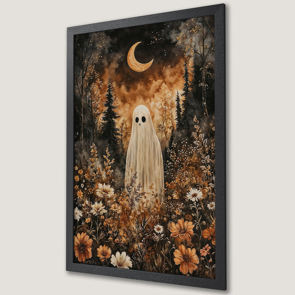 Framed Poster featuring a whimsical ghost in a forest scene with a warm, earthy color palette. Perfect Halloween decor!