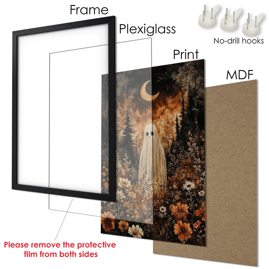 Framed Poster: Spooky ghost art in a black frame. Warm autumn color palette with a whimsical, illustrated style. Perfect Halloween decor!
