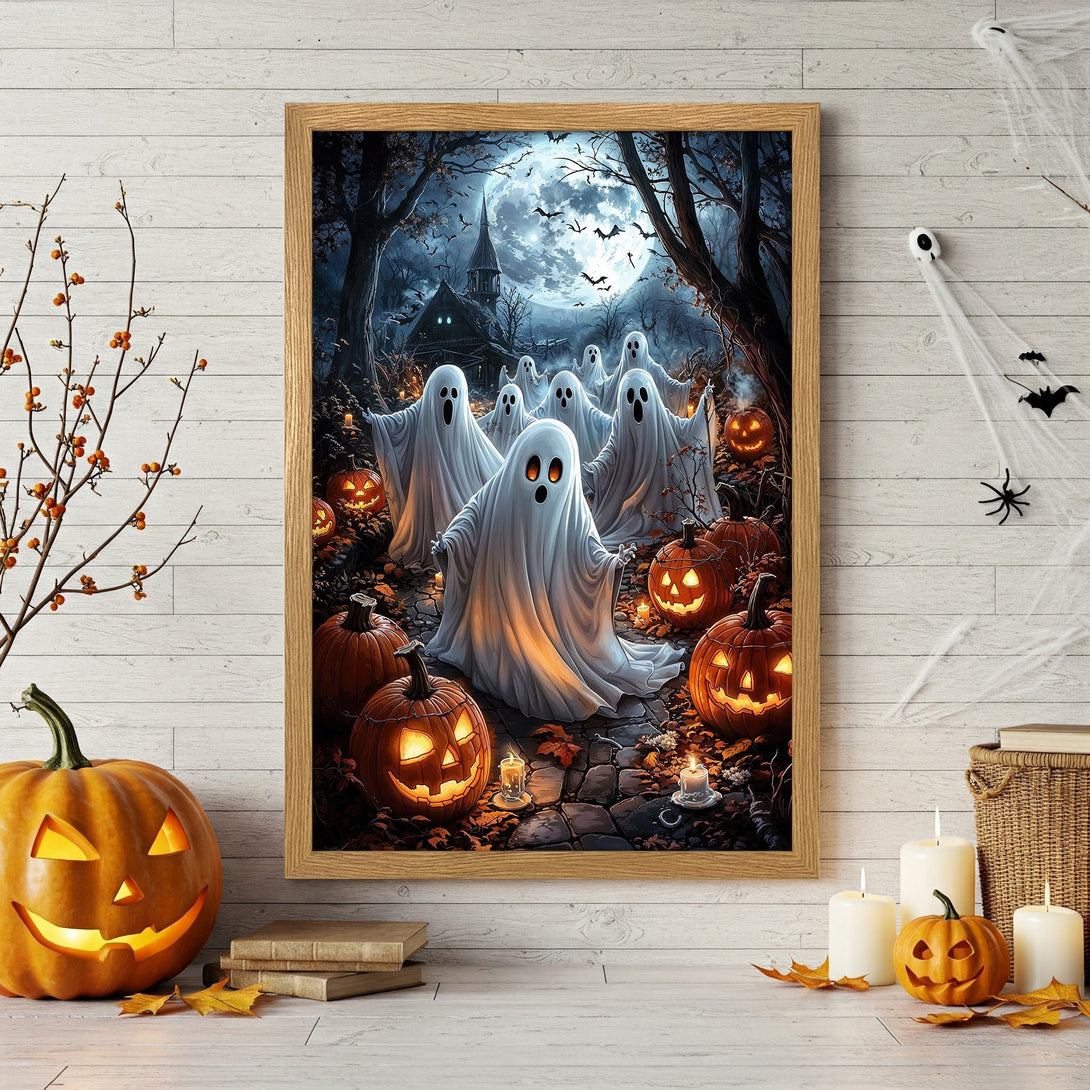 Framed Poster: Spooky Halloween scene with ghosts, pumpkins, and a dark blue & orange color palette. Perfect for Halloween decor!
