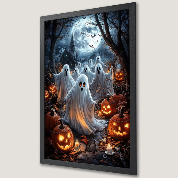 Framed Poster featuring Halloween ghosts and pumpkins in a spooky forest scene, with a dark, illustrative style and a warm, autumnal color palette.