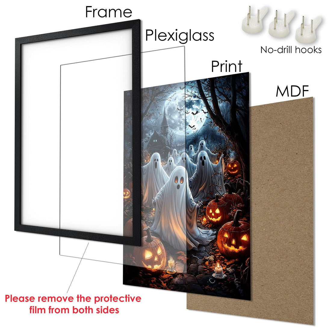 Framed Poster featuring a spooky Halloween scene with ghosts, pumpkins, and a dark blue and orange palette. Perfect for seasonal decor!