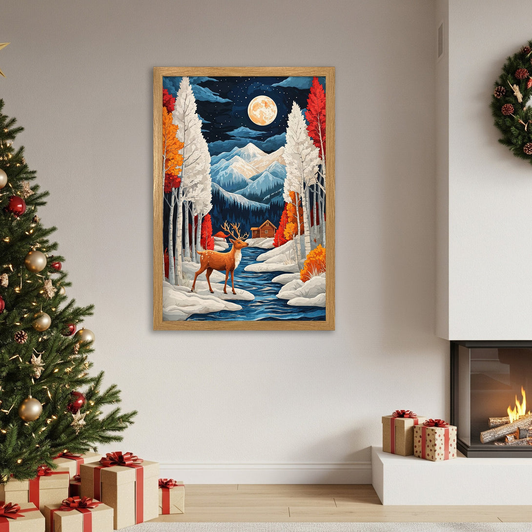 Framed Poster of a winter landscape with a deer, in a warm color palette. Perfect for holiday decor!