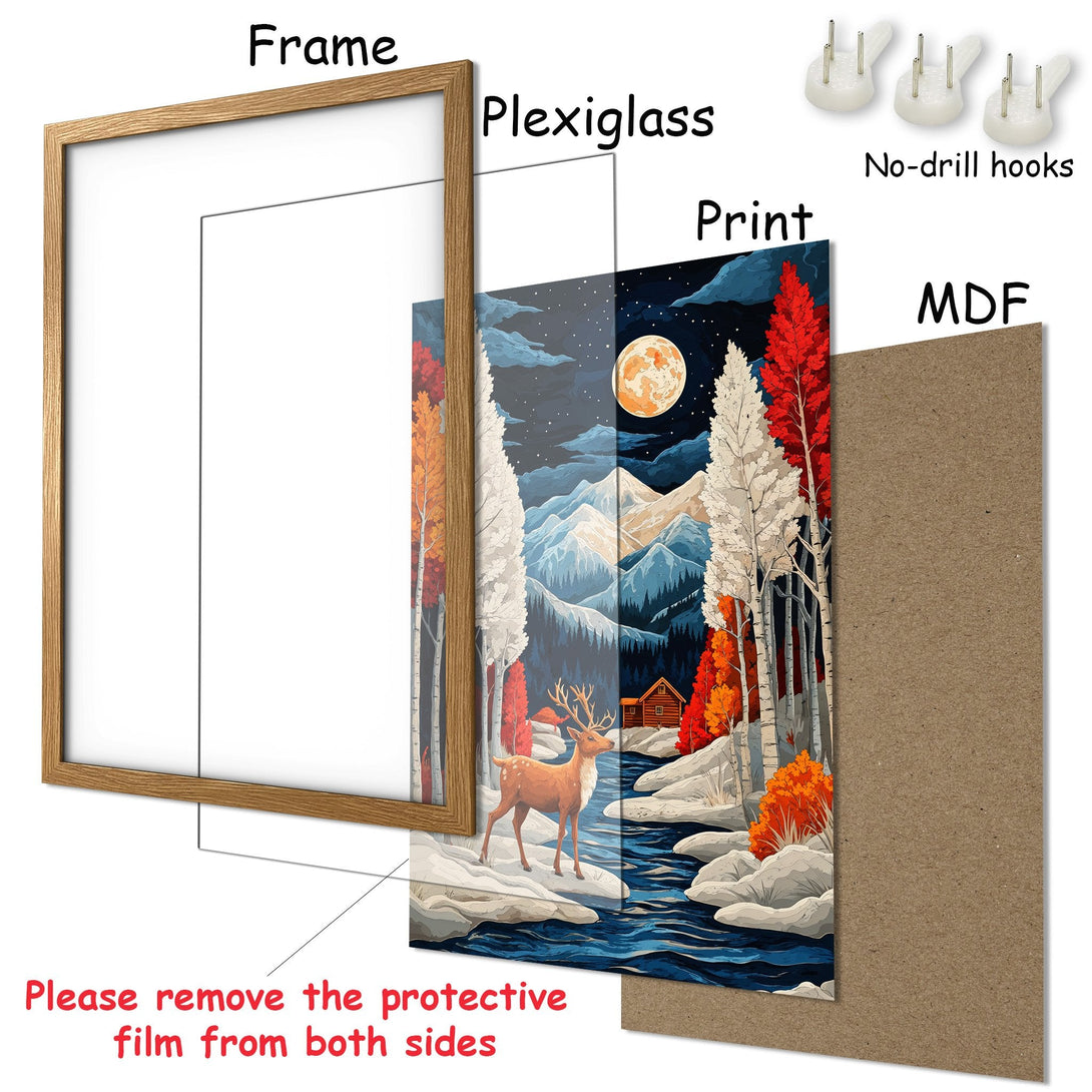 Framed Poster of a serene winter landscape with deer, cabin, and moon. Featuring a cool, blue and orange color palette. Perfect wall art!