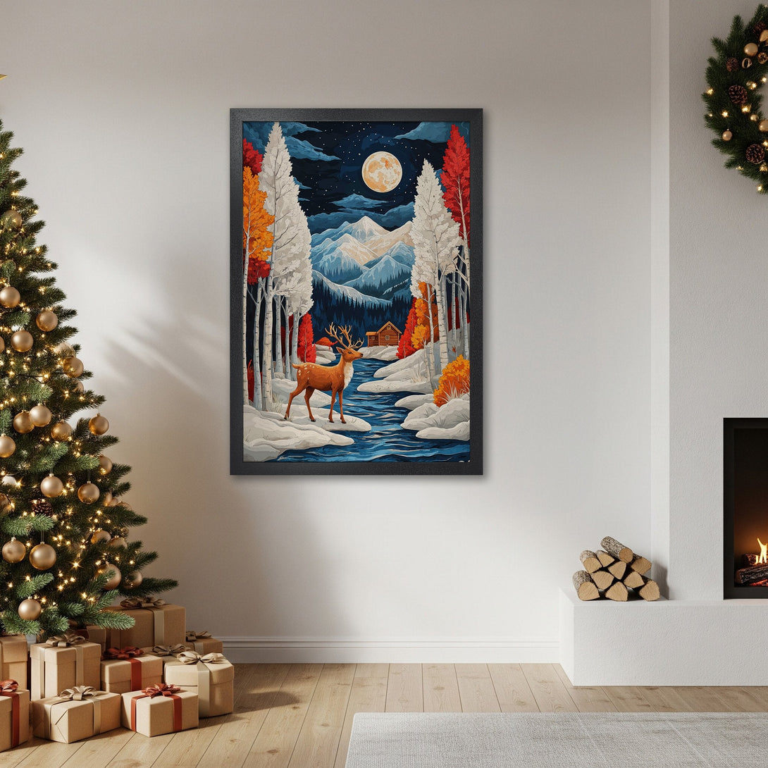 Framed Poster featuring a winter forest scene with a deer, in a vibrant color palette. Perfect wall art for your home!