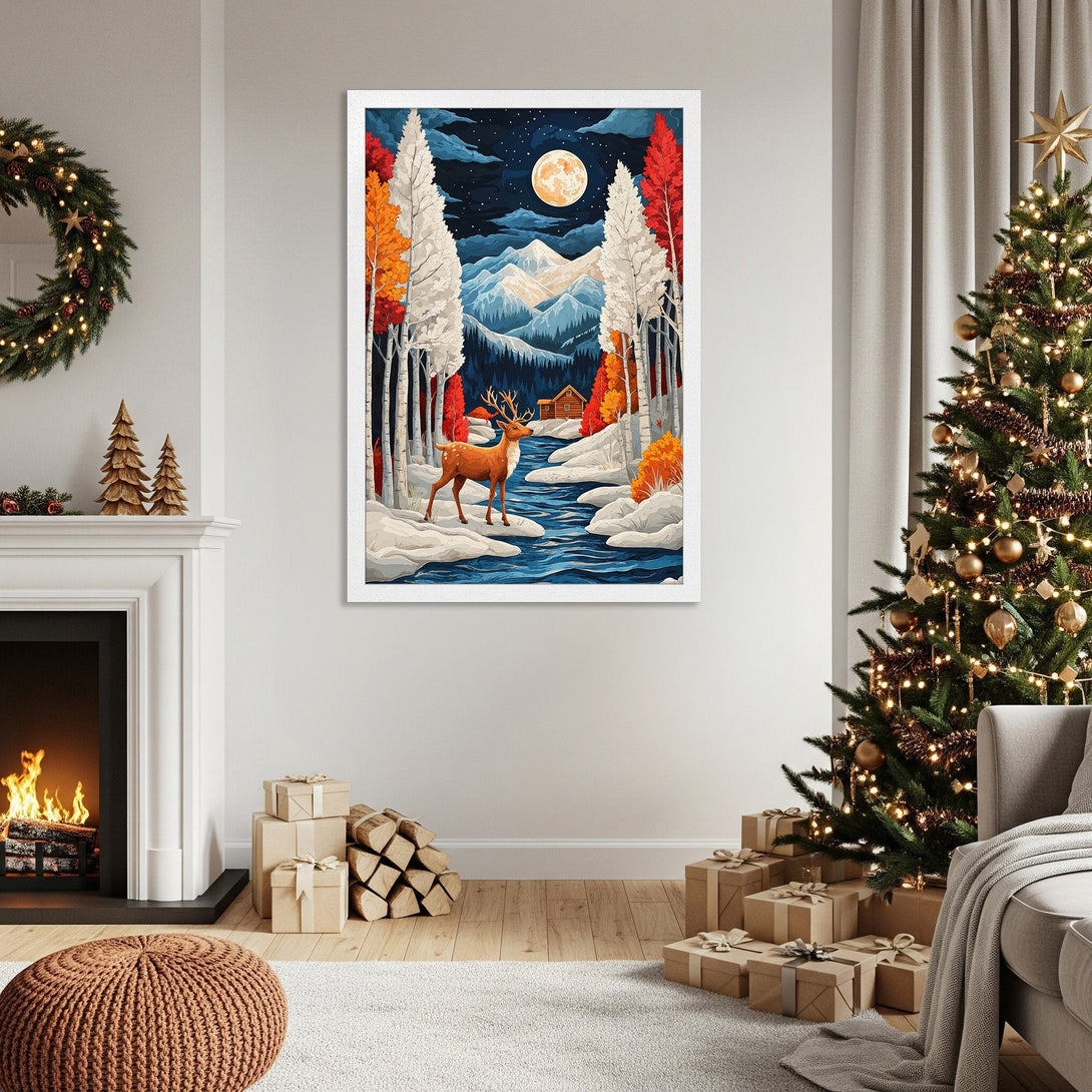 Framed Poster featuring a winter landscape with a deer, in a whimsical style with a warm color palette. Perfect holiday decor!