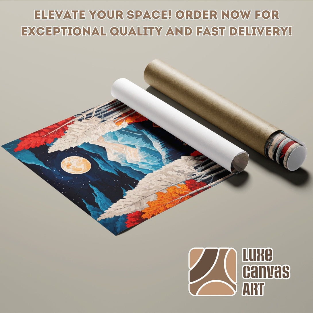 Poster Roll featuring a mountain landscape art print in blue, red, and orange color palette. Elevate your space!