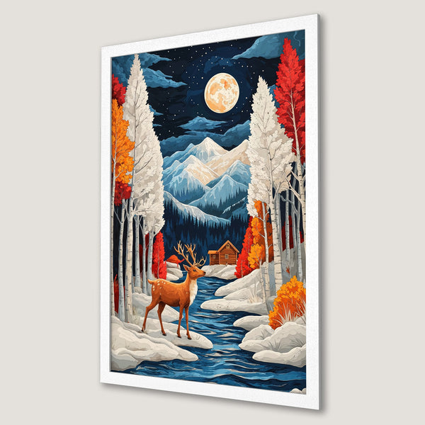 Framed Poster featuring a deer in a winter forest scene, vibrant colors, and a whimsical illustration style. Perfect wall art for any space.