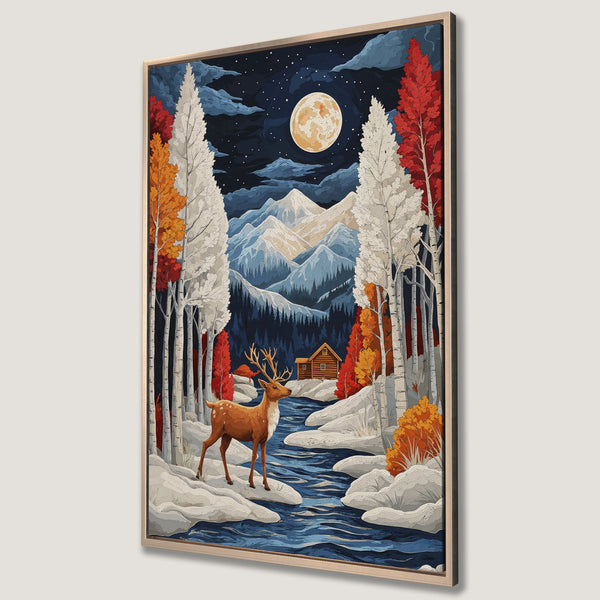 Framed Wall Art: Deer in a moonlit forest scene. Stylized landscape with cool blues, warm oranges, and a touch of red. Perfect for nature lovers.