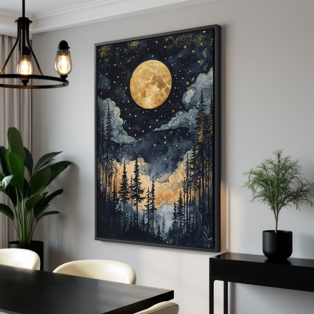 Framed Wall Art: Stunning night scene Canvas Print with a golden moon, starry sky, and forest in a moody blue and gold color palette. Perfect wall decor!