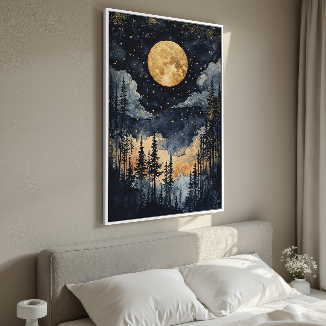 Framed Wall Art: Watercolor moonlit forest scene in navy, gold, and amber. Perfect for bedroom decor. Add a touch of magic to your space!