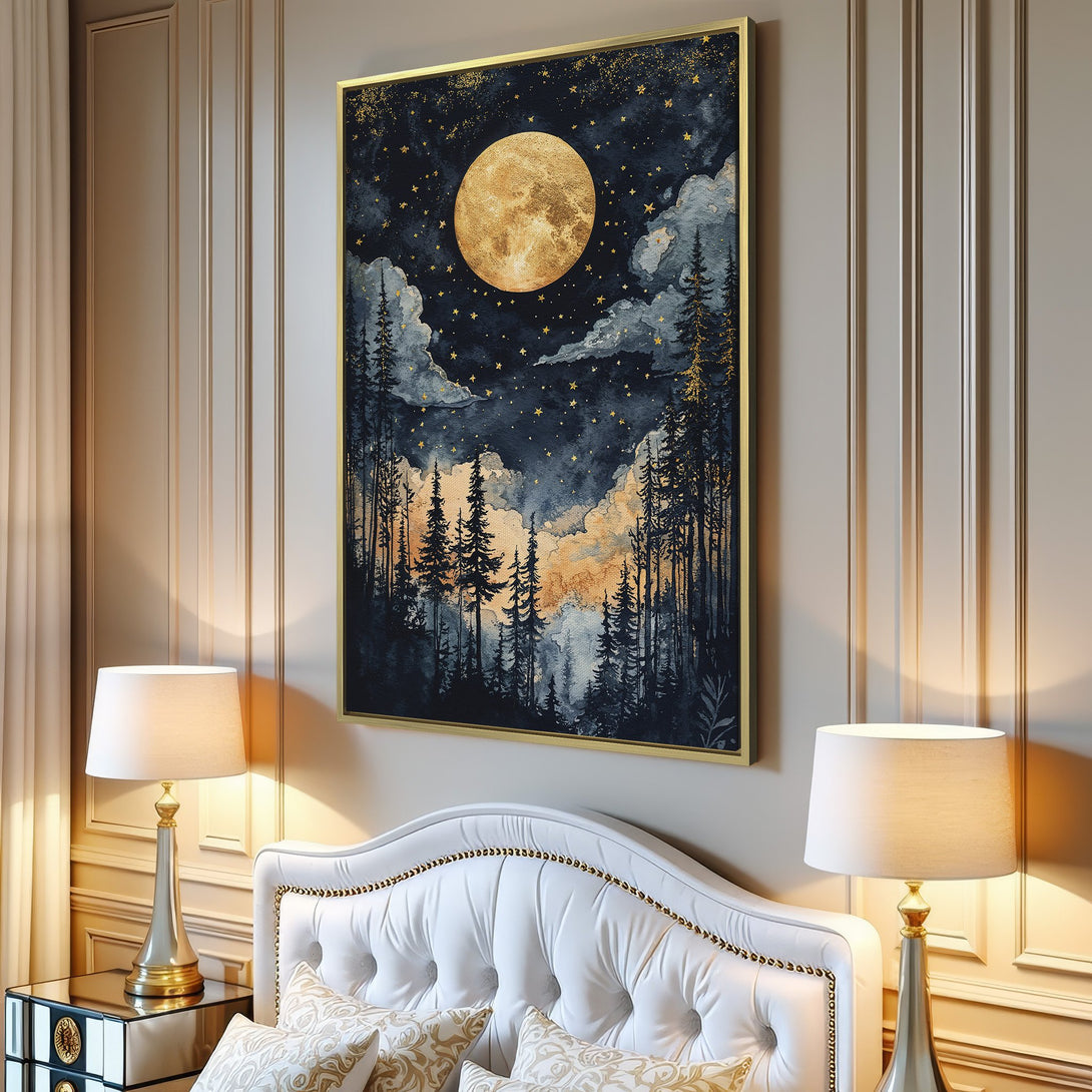 Canvas Print featuring a stunning watercolor moonlit forest scene in blue, gold, and white. Perfect wall art for a serene living room.