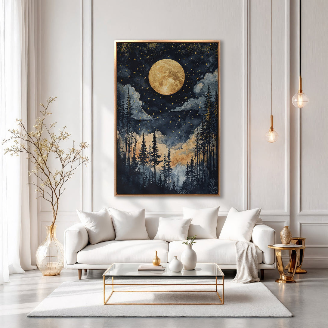 Framed Wall Art: Watercolor forest scene with a glowing moon. Moody, dark blue and gold color palette. Perfect for modern home decor.