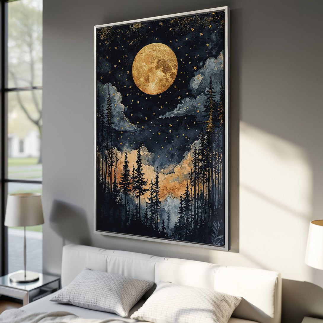 Framed Wall Art: Watercolor moonlit forest scene in navy, gold, and orange. Perfect for bedroom decor. Add a touch of nature to your space!