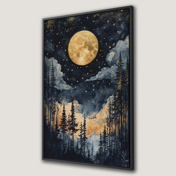 Framed Wall Art featuring a watercolor moonlit forest scene. Dark blue and gold color palette creates a mystical vibe. Perfect for adding a touch of nature to your home.