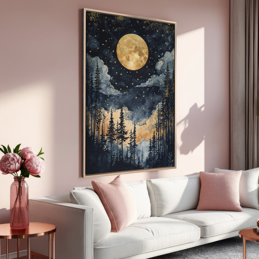 Framed Wall Art: Watercolor moonlit forest scene in navy, gold, and peach tones. Perfect for adding a touch of nature and serenity to your home decor.