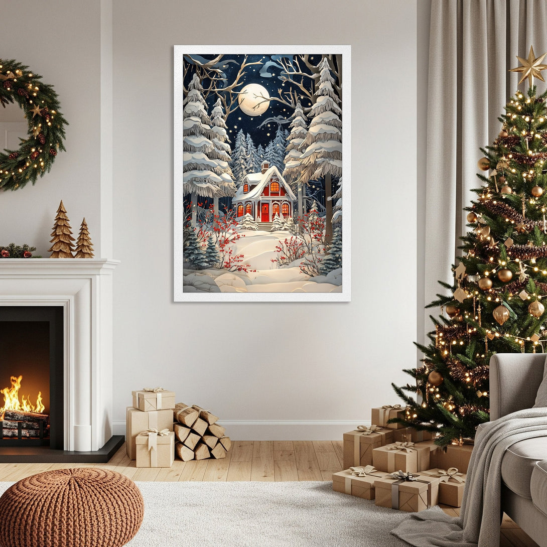 Framed Poster of a snowy winter cabin scene. Cozy art with a blue, white, and red color palette. Perfect holiday decor!