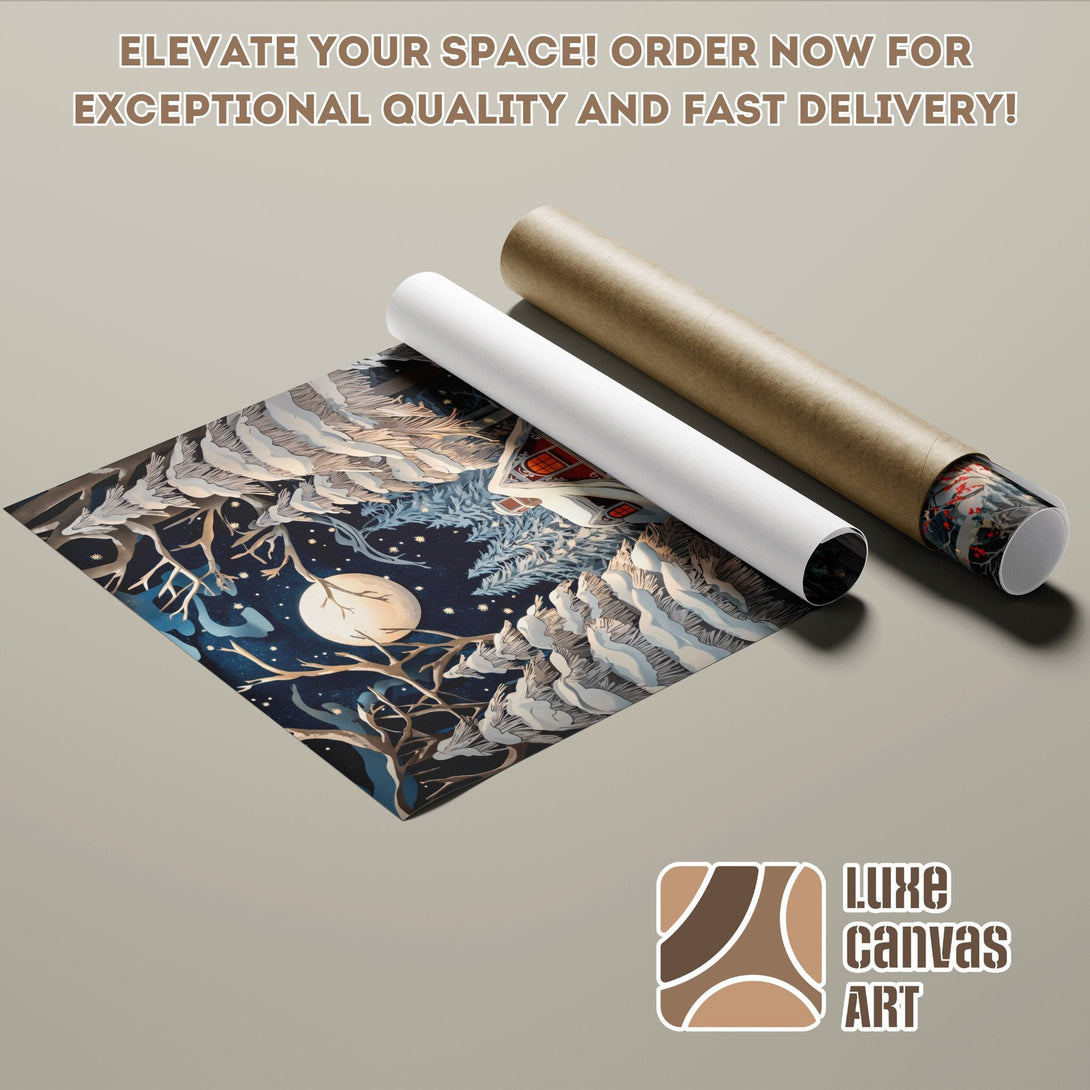 Poster Roll with winter night scene art. Blue, white, and brown color palette. Elevate your space!