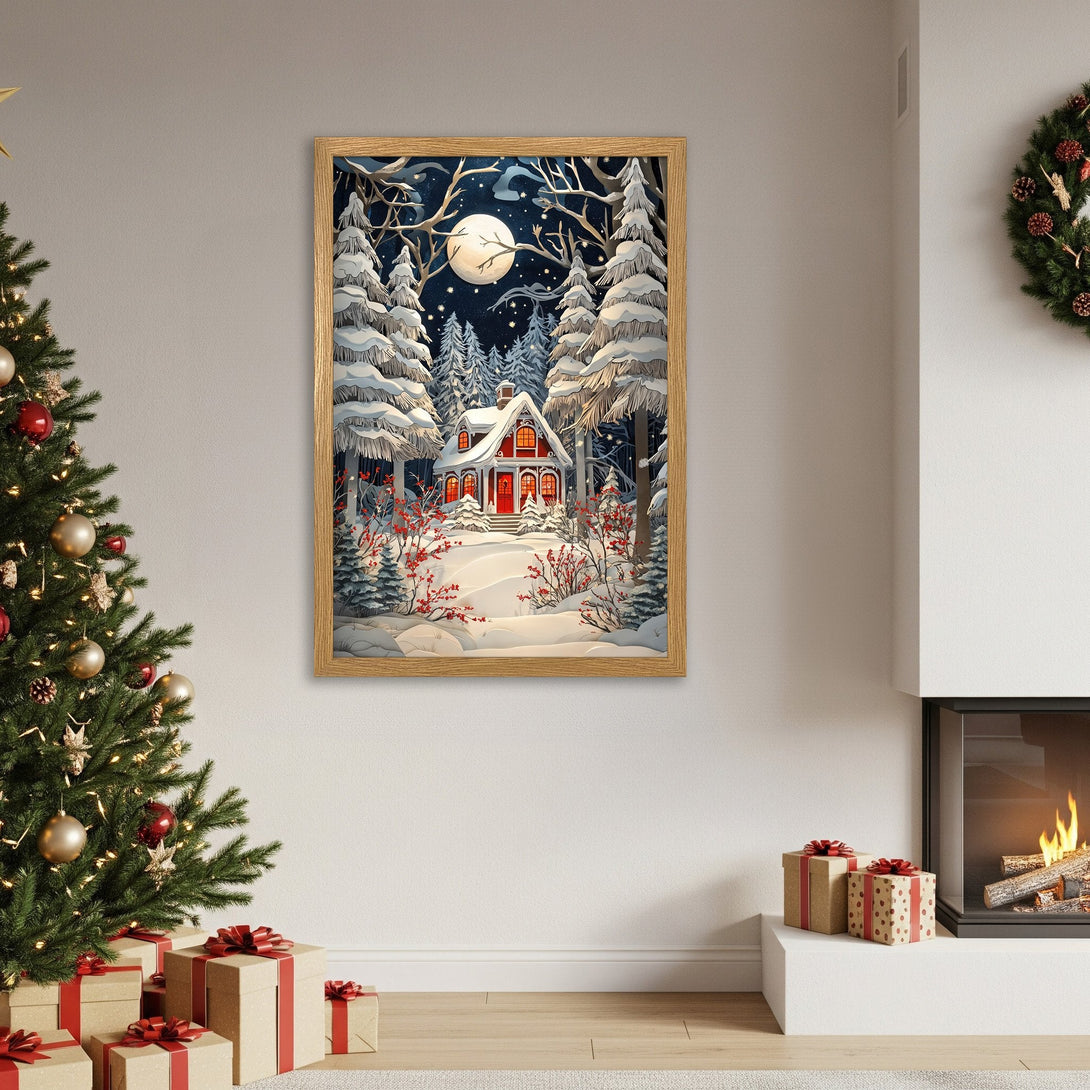 Framed Poster of a snowy winter cabin scene, whimsical style with blue, white, and red color palette. Perfect Christmas decor!