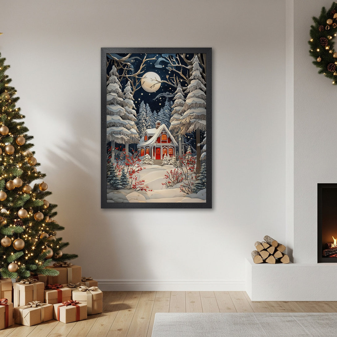 Framed Poster of a cozy winter cabin scene. Charming illustration style with a blue, white, and red color palette. Perfect holiday decor!