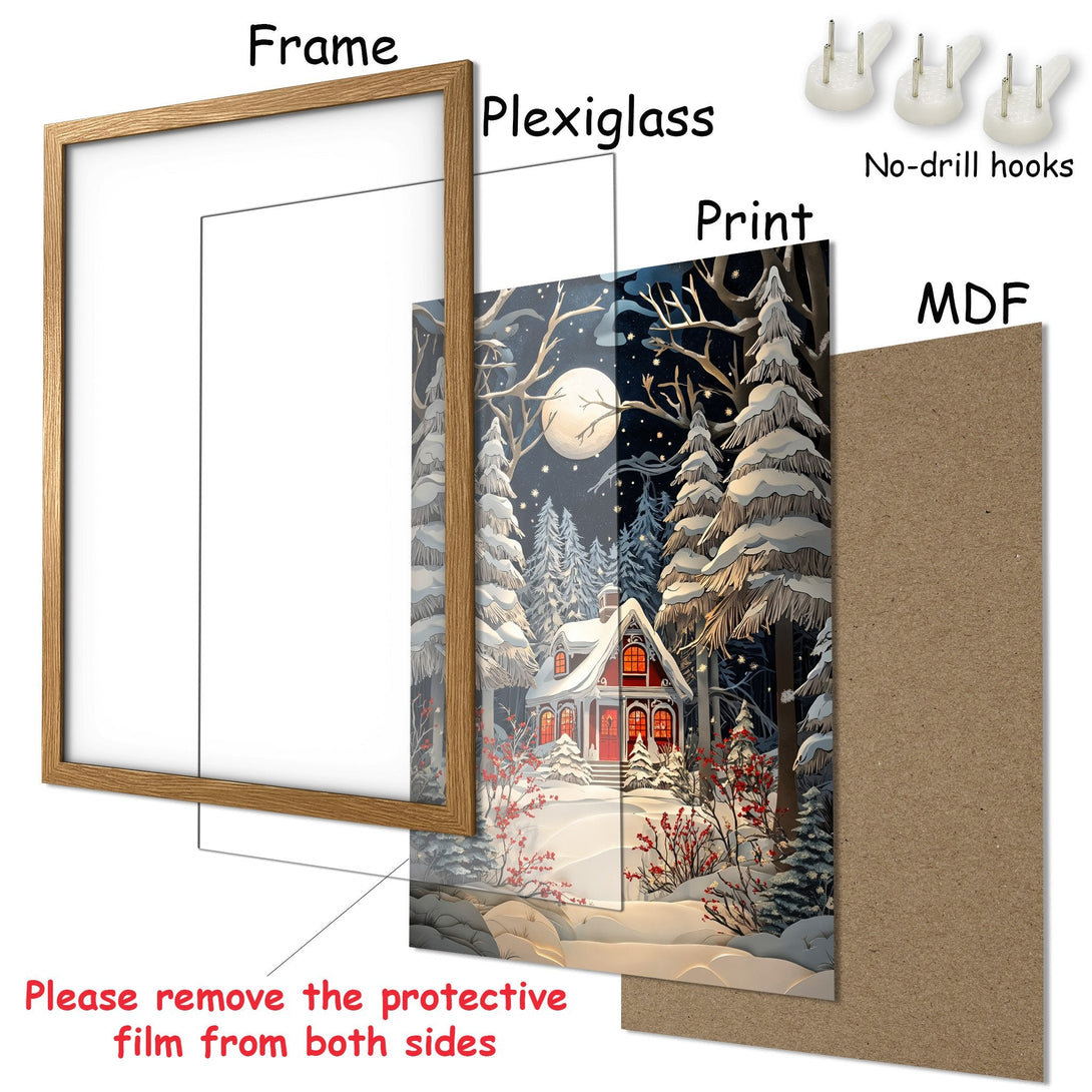 Framed Poster featuring a winter scene with a cabin, snowy trees, and a full moon. Cool blue, white, and red color palette. Perfect wall art!