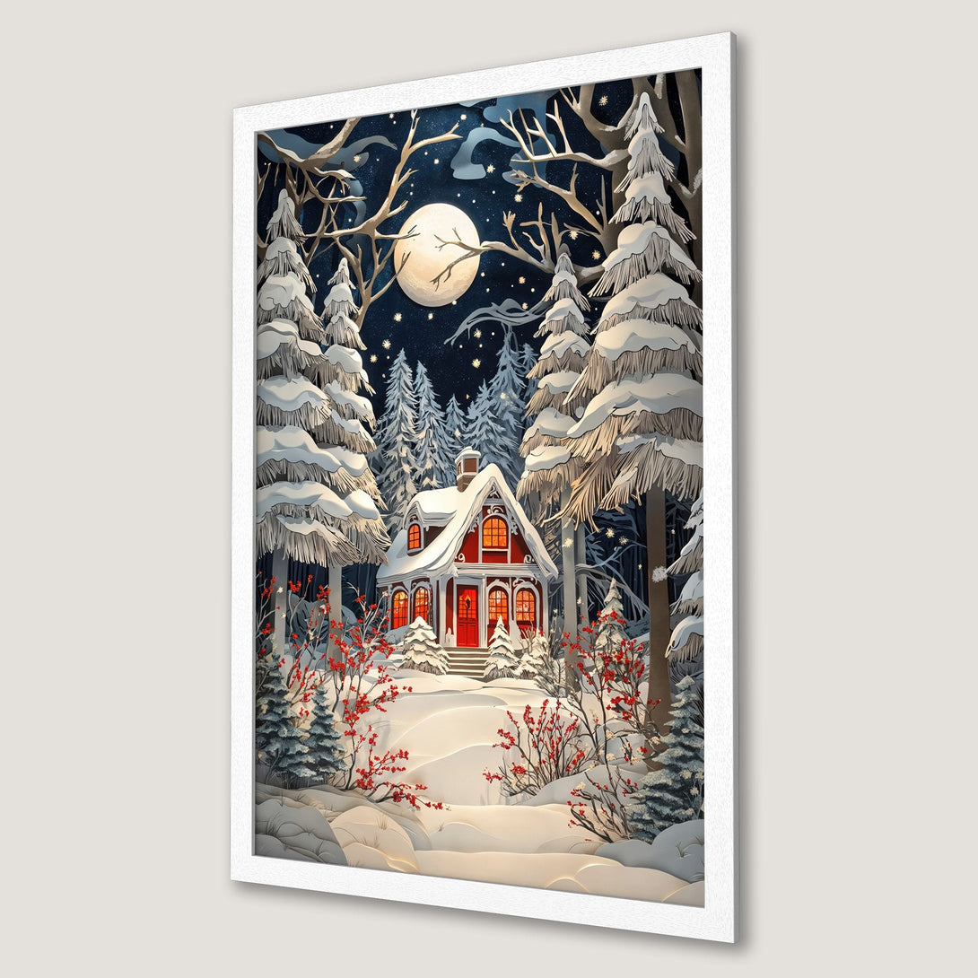 Framed Poster of a winter cabin scene, illustrated style with a blue, white, and red color palette. Cozy art for your home!