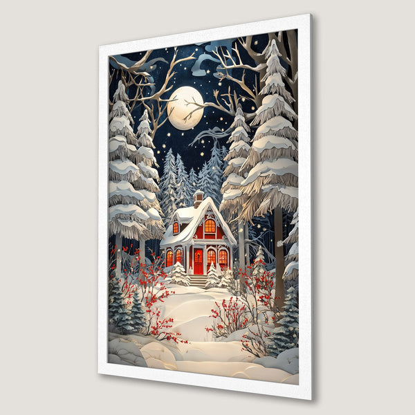 Framed Poster of a winter cabin scene, illustrated style with a blue, white, and red color palette. Cozy art for your home!