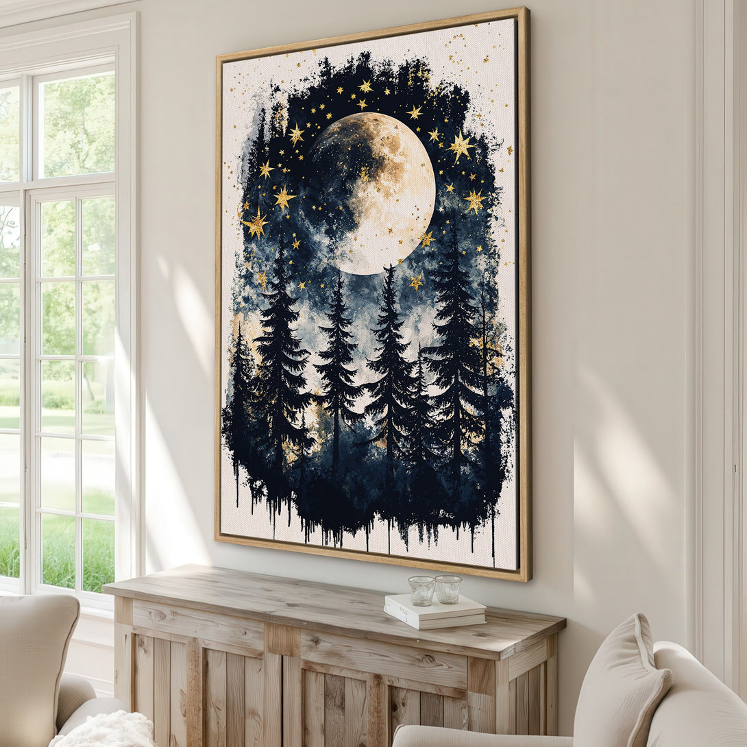 Framed Wall Art featuring a dreamy moonlit forest scene in navy, gold, and white. Perfect for adding a touch of celestial beauty to your home decor.