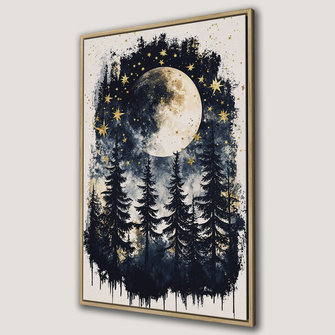 Framed Wall Art featuring a dreamy night forest scene with a moon and stars. Dark blue, gold, and white color palette. Perfect for adding a touch of magic.