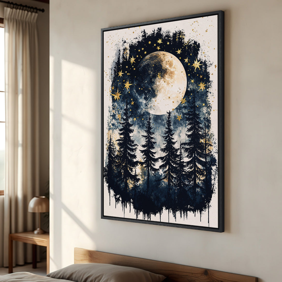 Framed Wall Art: Moonlit forest scene in blue, gold, and white. Abstract style canvas print adds a touch of nature and celestial beauty to any space.