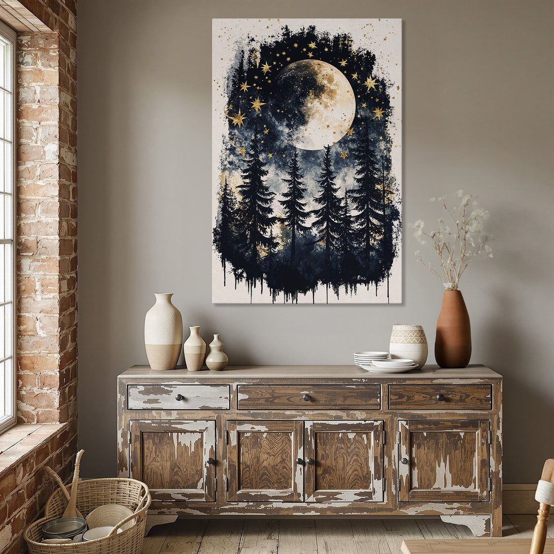 Framed Wall Art: Moonlit forest scene in blue, gold, and white. Perfect for adding a touch of nature and elegance to your dining room.