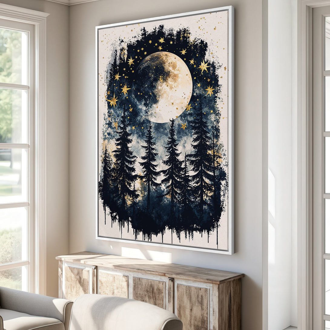 Canvas Print featuring a dreamy night scene with a moon, stars, and trees. Dark blue, gold, and cream color palette. Perfect wall art for a cozy aesthetic.