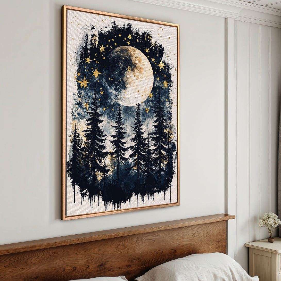 Framed Wall Art: Moonlit forest scene in blue, gold, and black. Abstract watercolor style Canvas Print adds a touch of nature and celestial beauty to any room.