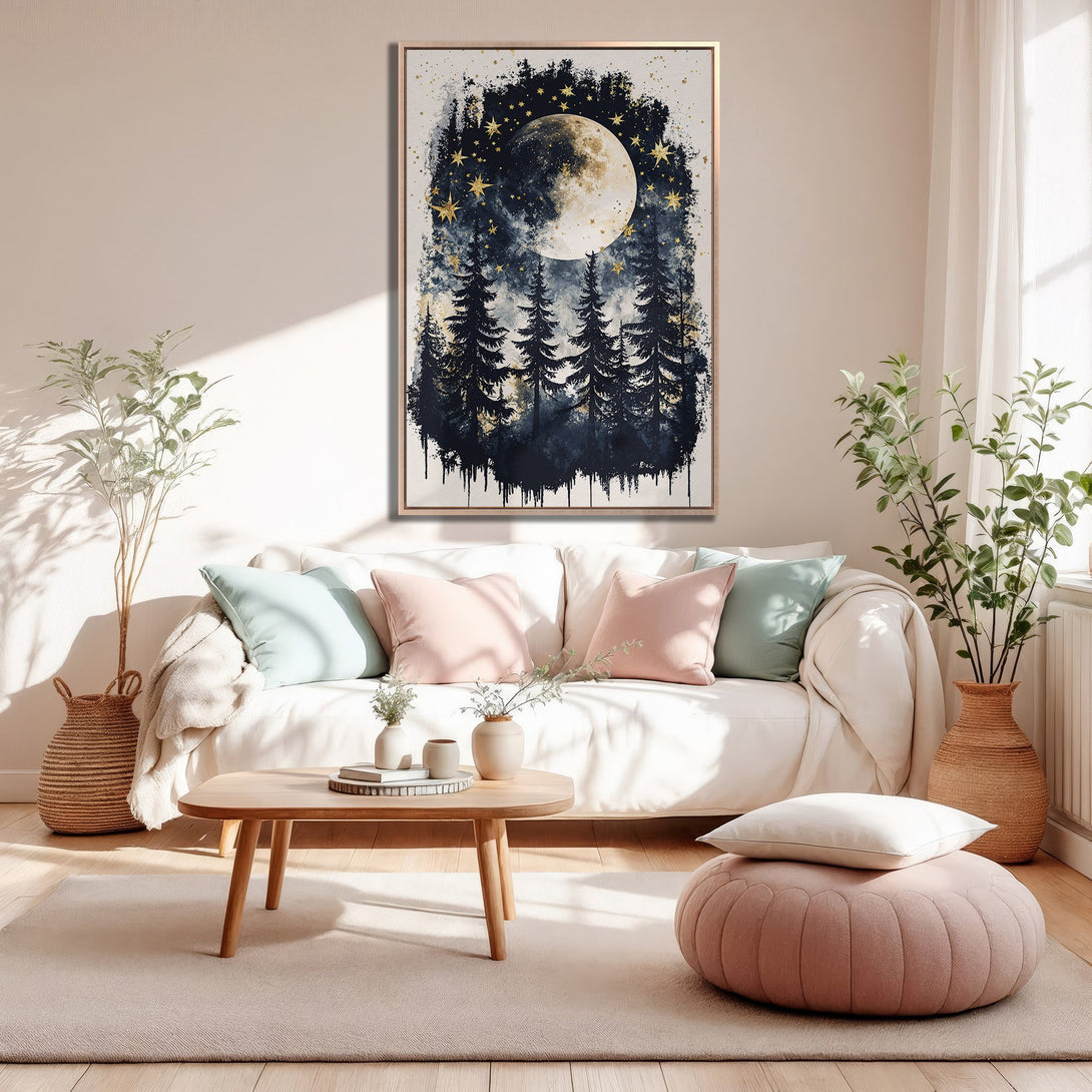 Framed Wall Art featuring a watercolor moon and forest scene. Moody, artistic style with a blue, gold, and white color palette. Perfect for adding a touch of nature.