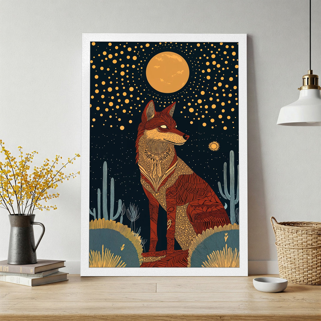 Framed Poster: Stylized fox art with desert landscape in warm orange, blue, and gold color palette. Perfect wall decor for a modern home.