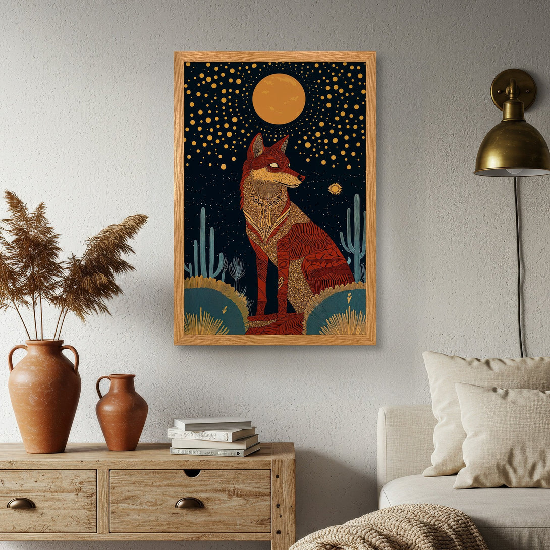 Framed Poster featuring a stylized fox in a desert landscape, with a warm, earthy color palette. Perfect wall art!