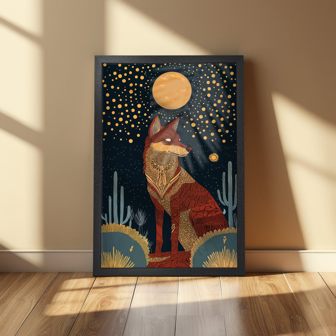 Framed Poster featuring a stylized fox in a desert landscape with a warm color palette. Perfect wall art for any room!