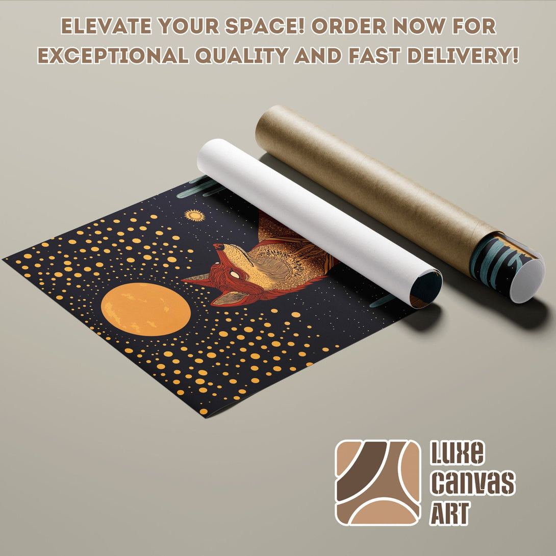 Poster Roll featuring a celestial wolf design in a modern style with a dark blue and orange color palette. Shop now!