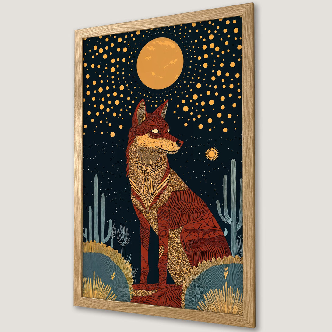 Framed Poster featuring a stylized fox in a desert landscape. Dark blue night sky with orange and yellow accents. Perfect wall art!