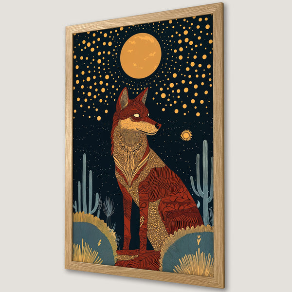 Framed Poster featuring a stylized fox in a desert landscape. Dark blue night sky with orange and yellow accents. Perfect wall art!