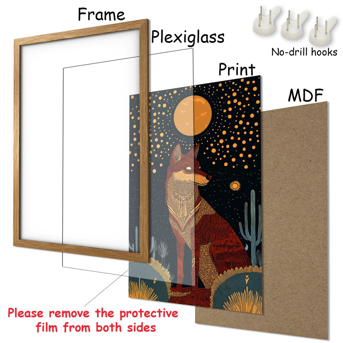 Framed Poster featuring a fox in a desert landscape, warm color palette, perfect wall art.