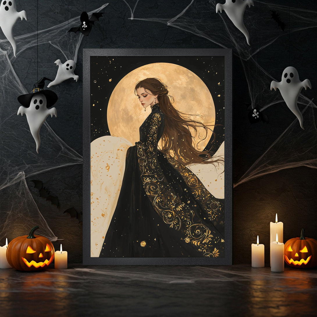 Framed Poster featuring a woman in a black and gold dress against a moonlit backdrop. Gothic art style, dark color palette. Perfect Halloween decor.