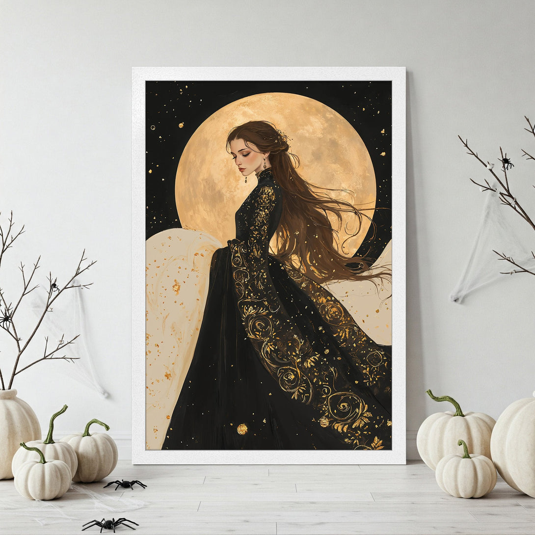 Framed Poster featuring a woman in a black dress with gold accents, set against a moonlit backdrop. Elegant style, rich black & gold color palette.