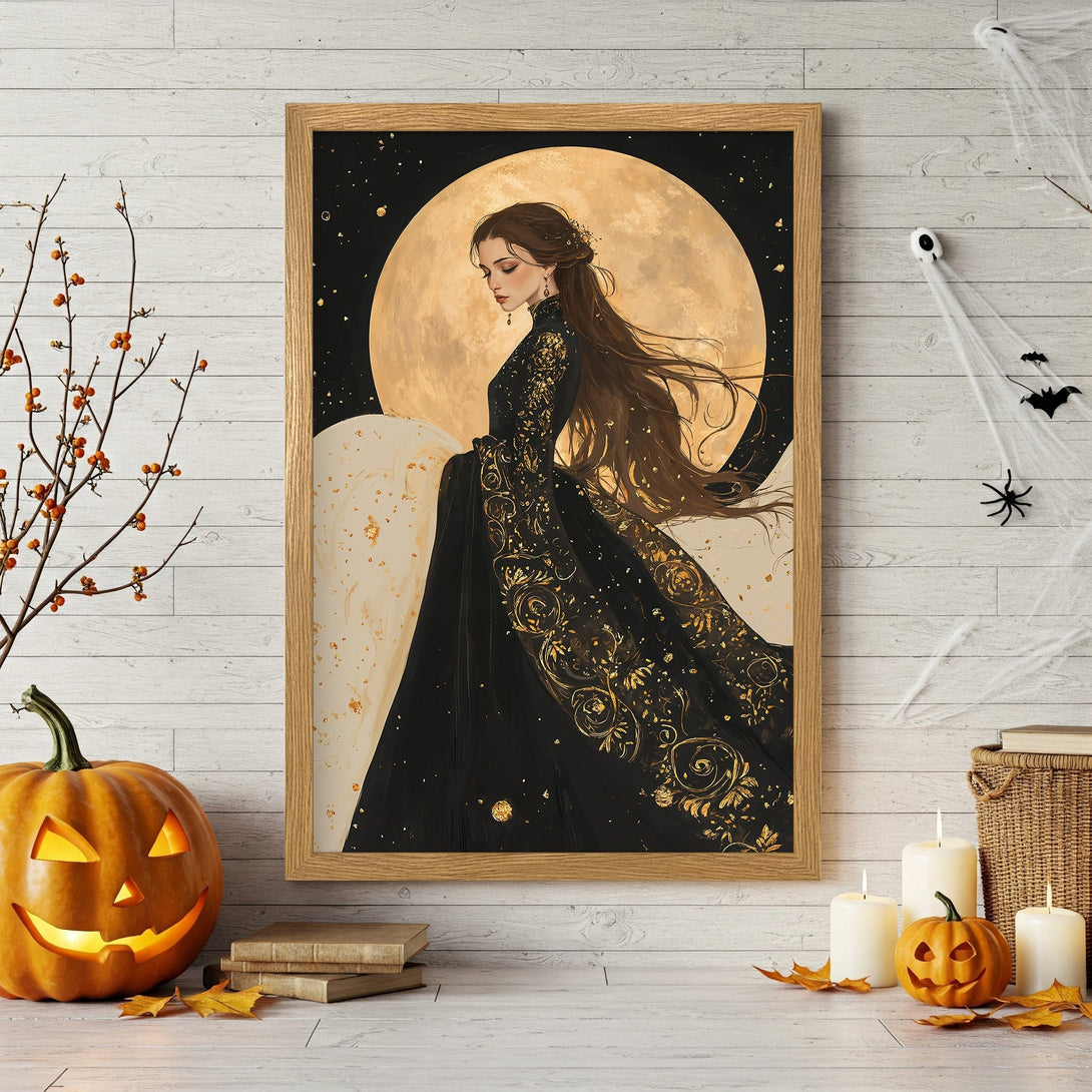 Framed Poster featuring a woman in a black and gold dress against a moon, in an elegant, fantasy style with a dark color palette.