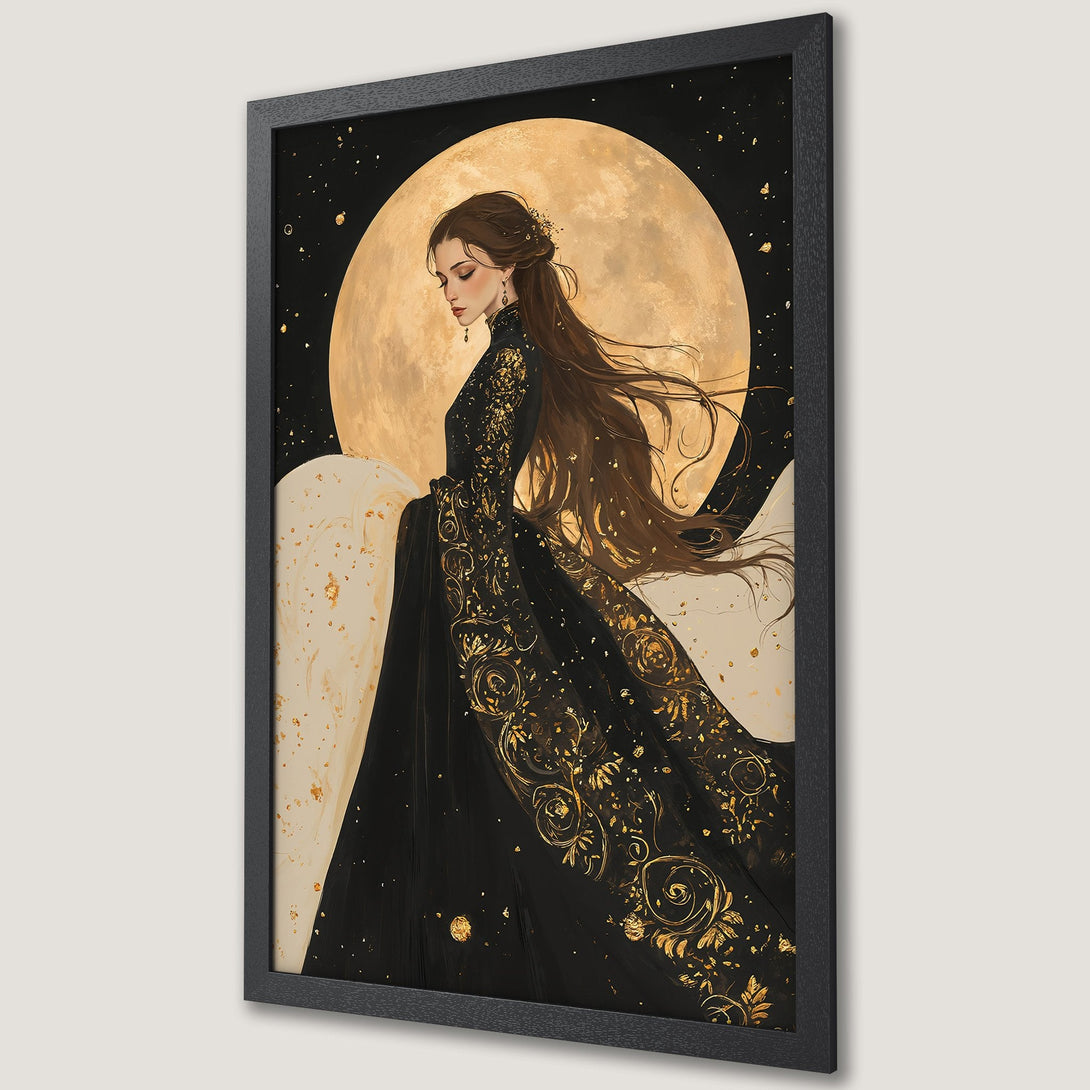 Framed Poster featuring a woman in a black and gold dress against a moonlit background. Elegant art print, rich color palette.