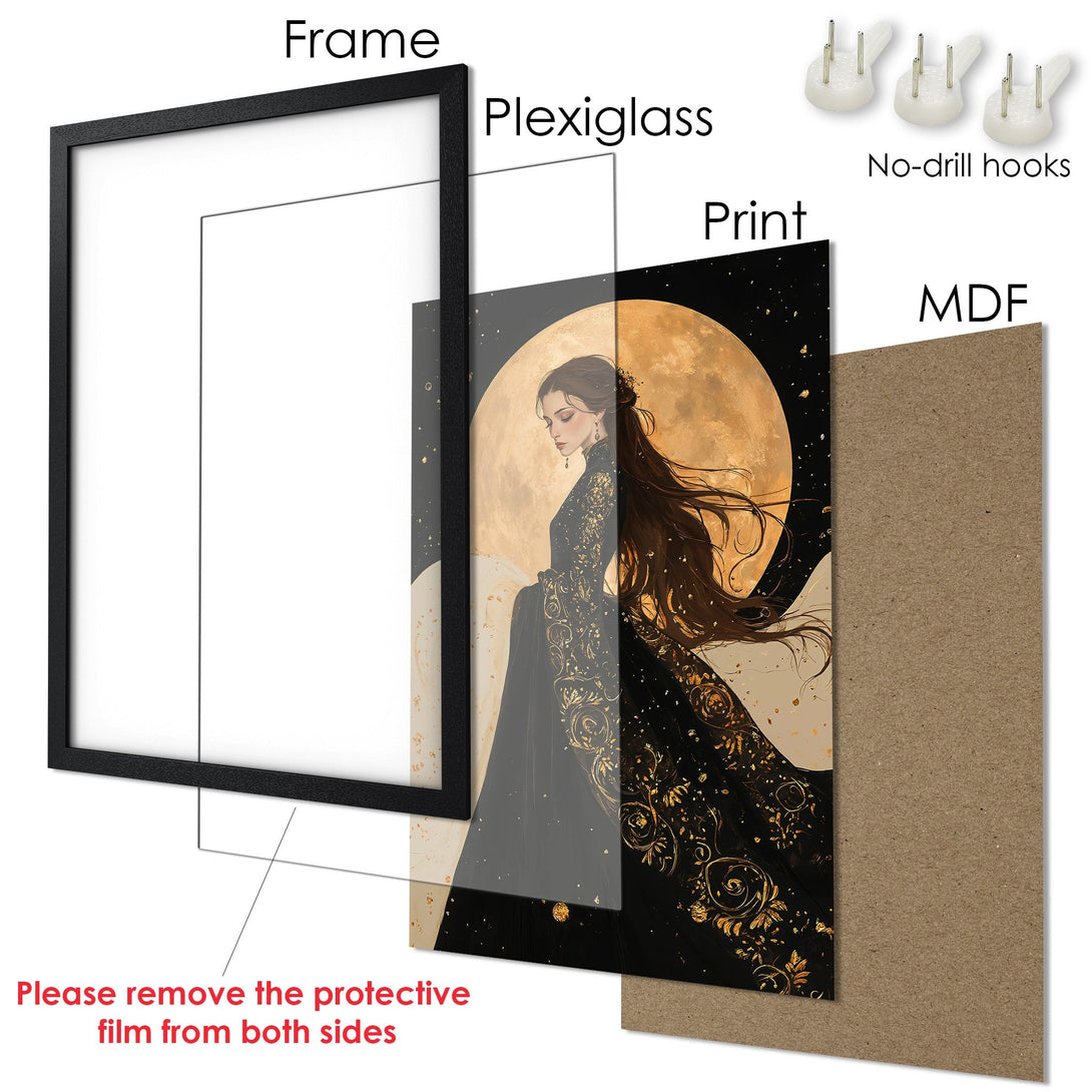 Framed Poster featuring a woman with a moon backdrop, elegant style, and a black, gold, and beige color palette. Perfect wall art!